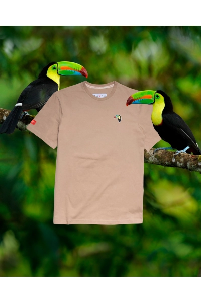 T-shirt męski Basic z tukanem tęczodziobym - beżowy